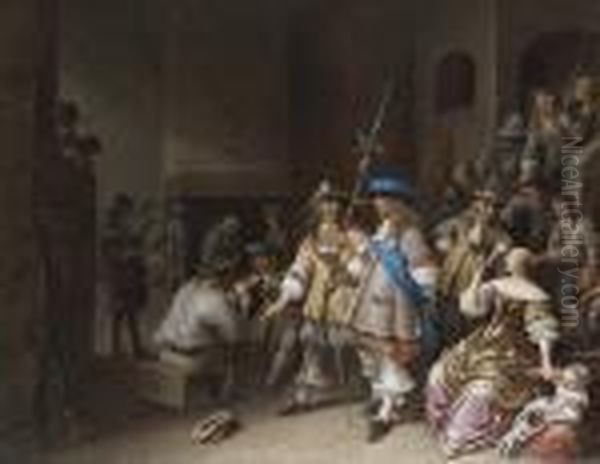 A Guardroom Interior With A Company Of Pikemen, Card Players And A Woman And Child Oil Painting by Antonie Palamedesz