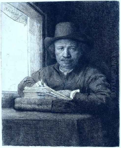 Rembrandt drawing at a window Oil Painting by Harmenszoon van Rijn Rembrandt