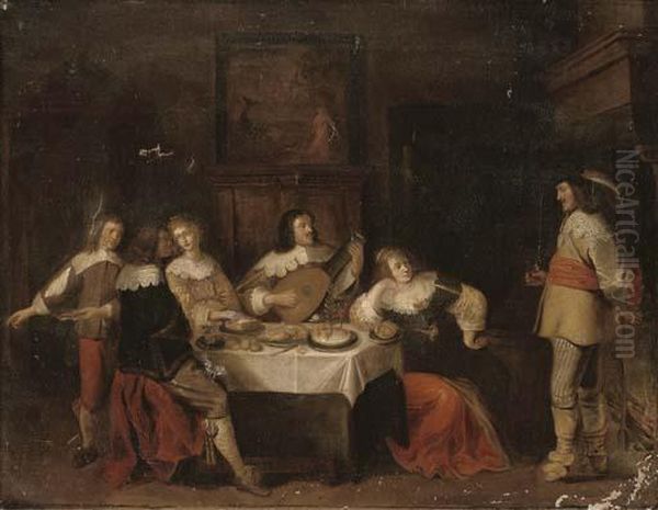 Elegant Company Eating And Merrymaking In An Interior Oil Painting by Antonie Palamedesz