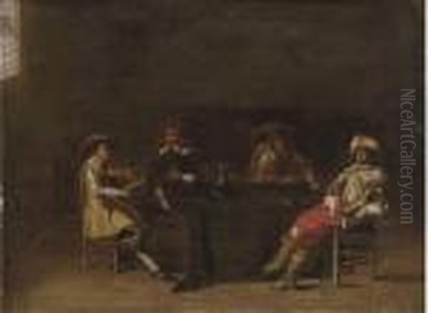 A Guardroom Interior With Men Making Music And Drinking Oil Painting by Antonie Palamedesz