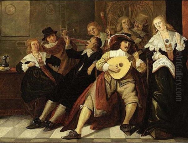 An Elegant Company Making Music And Drinking In An Interior Oil Painting by Antonie Palamedesz