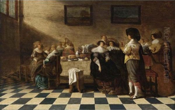 An Elegant Company Eating And Drinking At A Table, With A Man Playing Lute Oil Painting by Antonie Palamedesz