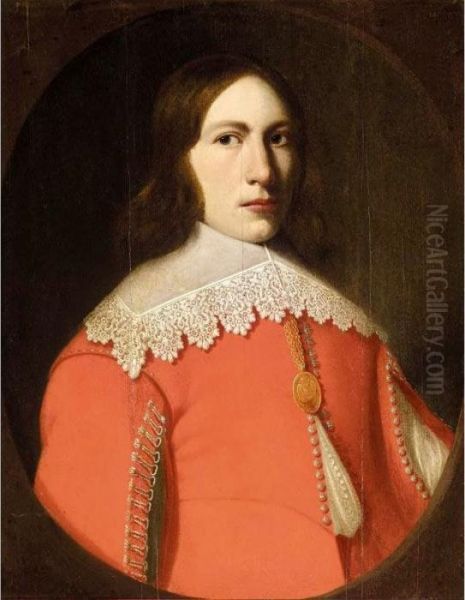 Portrait Of A Young Man, Half Length, Wearing A Red Doublet And A White Ruff Oil Painting by Antonie Palamedesz