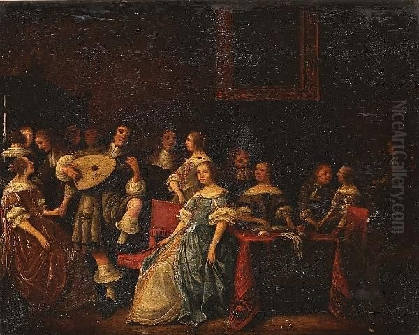 An Elegant Company Making Music In An Interior Oil Painting by Antonie Palamedesz