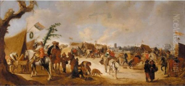 An Army Encampment Before A Church Oil Painting by Antonie Palamedesz