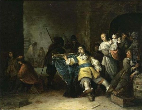 A Kortegaardje, Soldiers Smoking And Making Music Oil Painting by Antonie Palamedesz