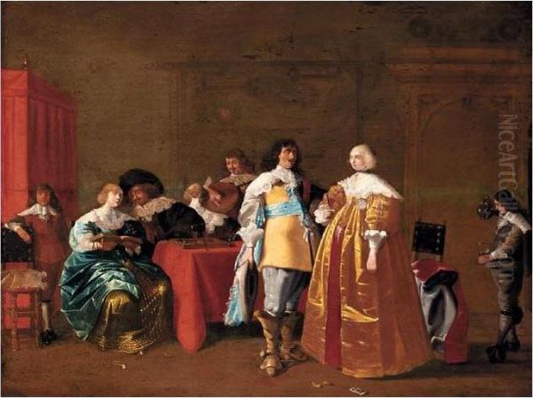 An Elegant Company Drinking And Playing Backgammon In An Interior Oil Painting by Antonie Palamedesz