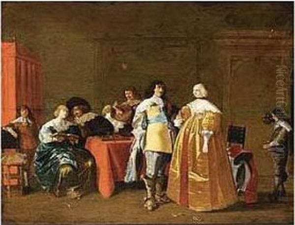 Elegant Figures Drinking, Making Music And Playing Backgammon In An Interior Oil Painting by Antonie Palamedesz