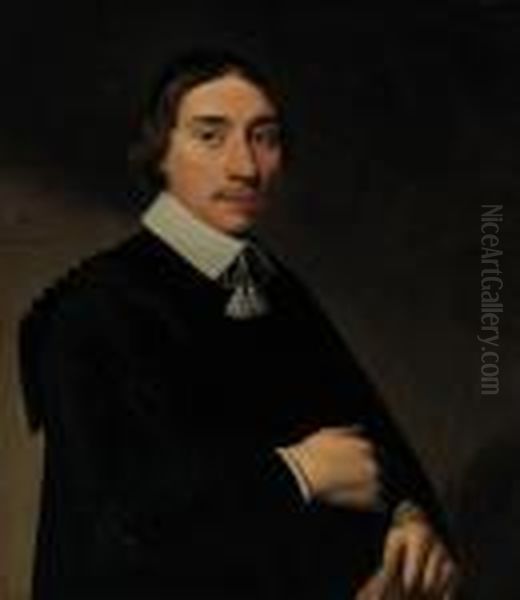 Portrait Of A Gentleman, Aged 
Twenty-eight, Half-length, In A Blackgown And A Black Skull Cap, His 
Coat In His Left Hand Oil Painting by Antonie Palamedesz