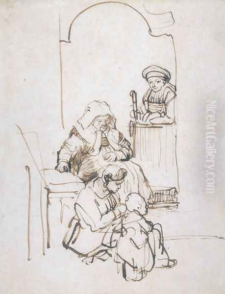 Three Women and a Child at the Door Oil Painting by Harmenszoon van Rijn Rembrandt