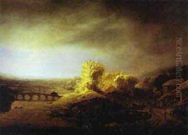 Landscape With A Long Arched Bridge Late 1630s Oil Painting by Harmenszoon van Rijn Rembrandt