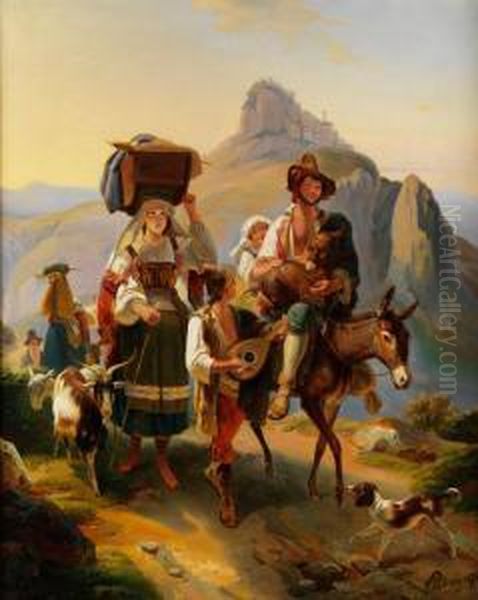 Hirtenfamilie Auf Dem Heimweg Vor Tiefer Landschaft Oil Painting by Filippo Palizzi