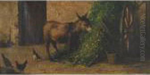 Donkey And Chickens In A Barnyard Oil Painting by Filippo Palizzi