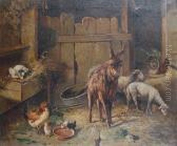 A Donkey, Sheep And Chickens In A Barn Oil Painting by Filippo Palizzi