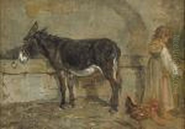 A Barn Interior With A Donkey And Afigure Oil Painting by Filippo Palizzi