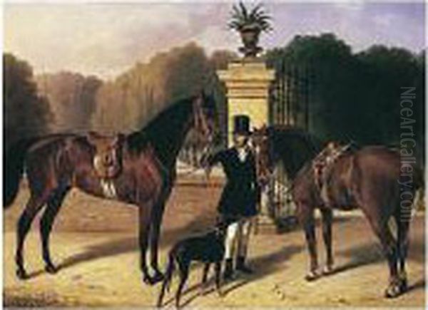 Gentiluomo Con Cavalli E Levriero (a Gentleman With Horses And Hound) Oil Painting by Filippo Palizzi