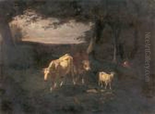 Cows In A Landscape Oil Painting by Filippo Palizzi