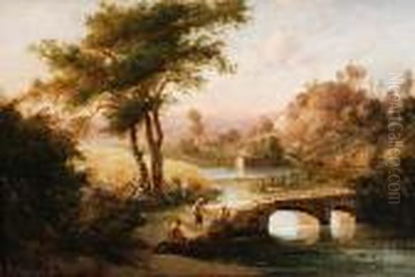 Landscape With Figures On A Bridge Oil Painting by Giuseppe Palizzi