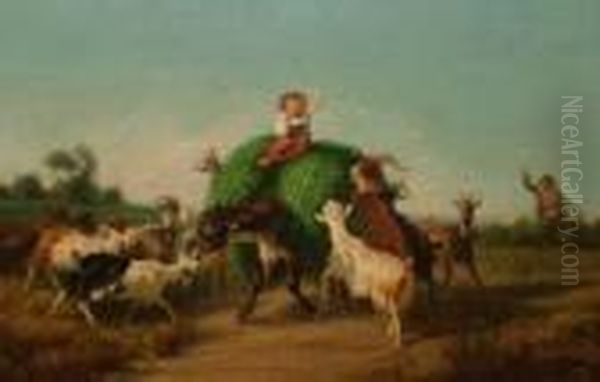 Boy On A Donkey With Goats On A 
Country Lane Andboy On A Donkey With Sheep And Goats On A Hillside Oil Painting by Giuseppe Palizzi