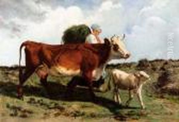 Contadina Con Mucca E Vitellino Oil Painting by Giuseppe Palizzi