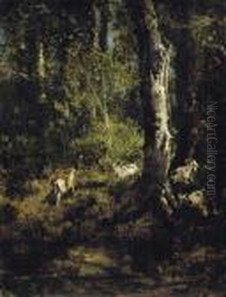 Goats Grazing In A Forest Landscape Oil Painting by Giuseppe Palizzi