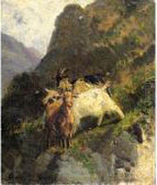 Caprette In Montagna Oil Painting by Giuseppe Palizzi