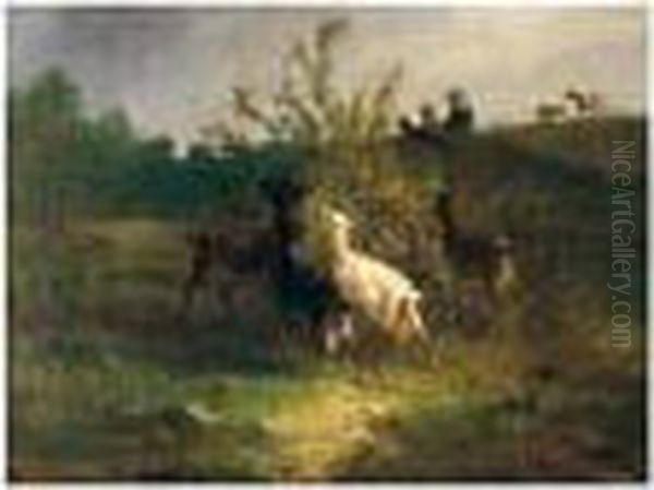 Giocando Con Le Caprette (playing With The Goats) Oil Painting by Giuseppe Palizzi