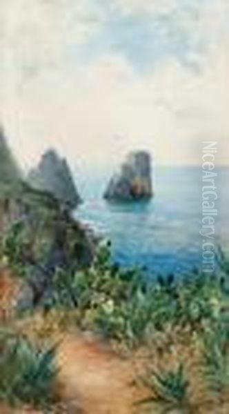 Kustmotiv Fran Faraglioni, Capri Oil Painting by Anna Palm De Rosa