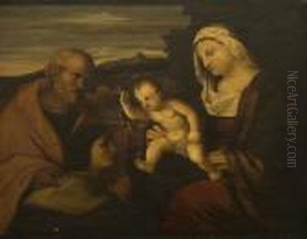 Vecchiosacra Famiglia Con San Pietro E Un Donatore Oil Painting by Acopo D'Antonio Negretti (see Palma Giovane)