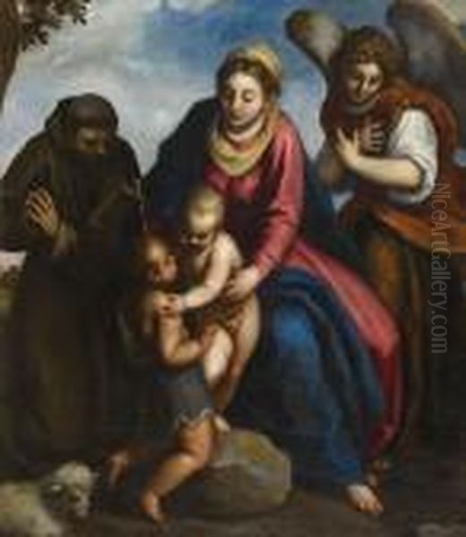 Madonna Mit Christus,johannes, Franziskus Und Engel Oil Painting by Acopo D'Antonio Negretti (see Palma Giovane)