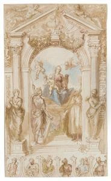 The Madonna And Child Enthroned 
With Saint George And Saintnicholas Under An Arch Flanked By Statues Of 
Religion And Faith Oil Painting by Acopo D'Antonio Negretti (see Palma Giovane)