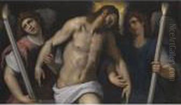 Christ Supported By Angels Bearing Torches Oil Painting by Acopo D'Antonio Negretti (see Palma Giovane)