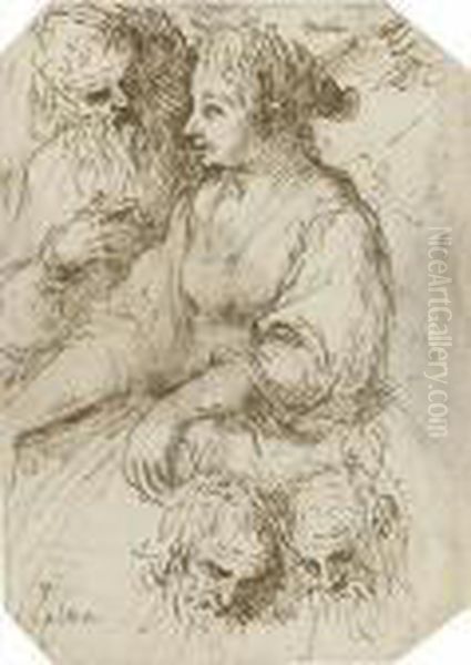 A Young Woman With An Old Bearded Man, With Two Subsidiary Studies Of Old Men's Heads Oil Painting by Acopo D'Antonio Negretti (see Palma Giovane)