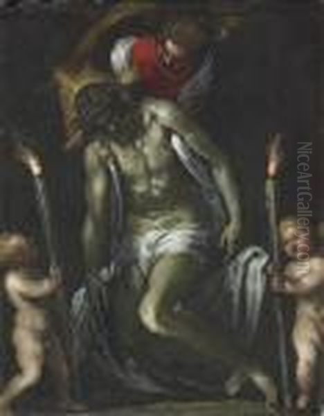 The Lamentation With Angels Oil Painting by Acopo D'Antonio Negretti (see Palma Giovane)