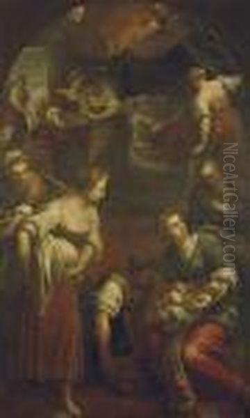 The Nativity Of The Virgin, In A Feigned Arch Oil Painting by Acopo D'Antonio Negretti (see Palma Giovane)