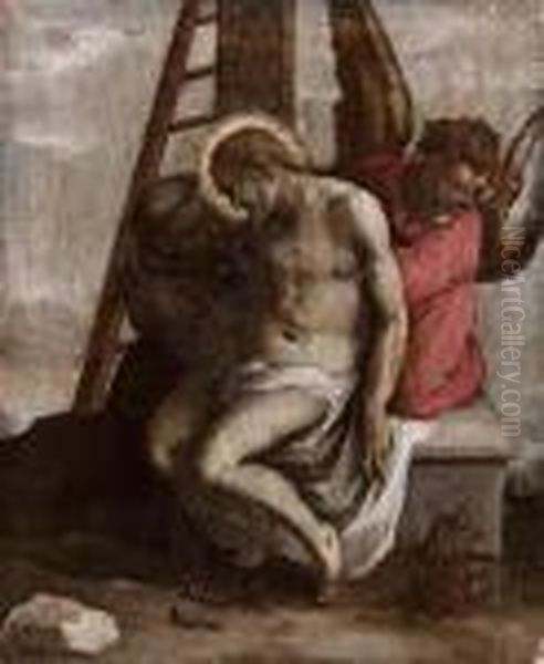 Cristo Deposto Tra Un Angelo E San Francesco Oil Painting by Acopo D'Antonio Negretti (see Palma Giovane)