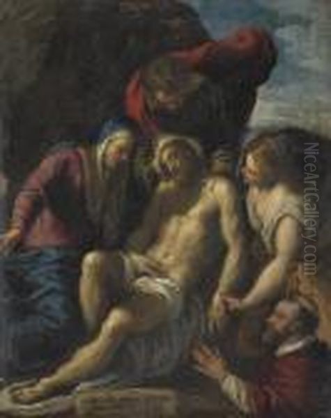 The Lamentation With A Donor Oil Painting by Acopo D'Antonio Negretti (see Palma Giovane)