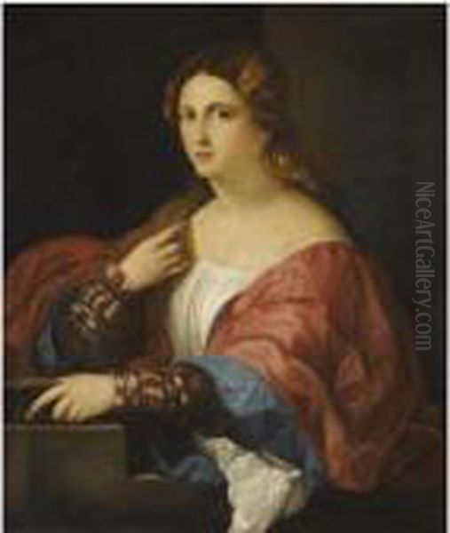 Portrait Of A Young Lady, Half Length, Wearing A Red And Bluetunic, Holding A Book Oil Painting by Acopo D'Antonio Negretti (see Palma Giovane)