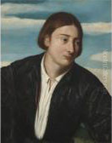 Portrait Of A Young Man, Head 
And Shoulders, Wearing A Black Satin Doublet And A White Shirt Oil Painting by Acopo D'Antonio Negretti (see Palma Giovane)