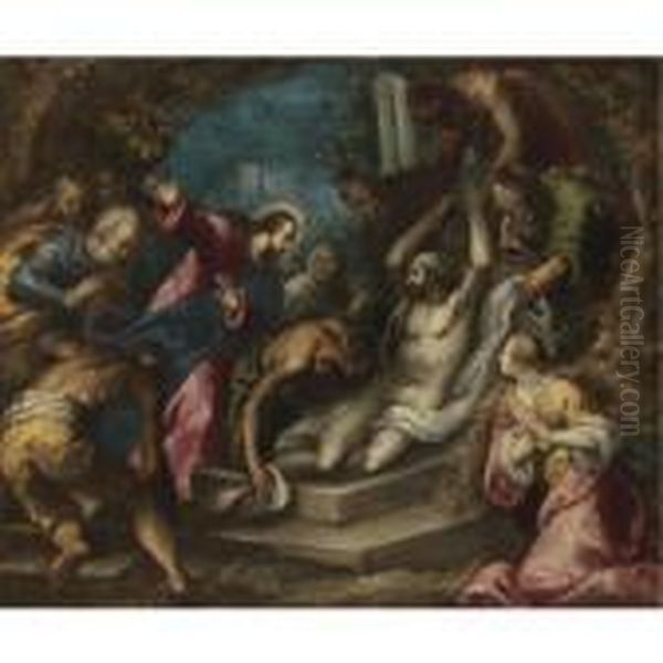 The Raising Of Lazarus Oil Painting by Acopo D'Antonio Negretti (see Palma Giovane)