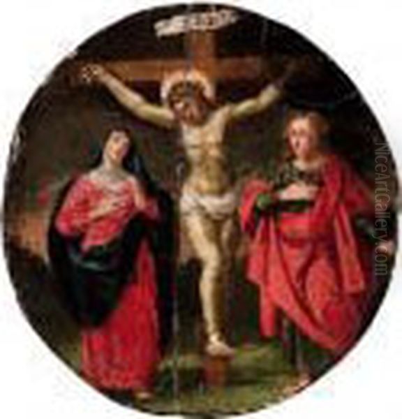 Cristo In Croce Con La Vergine E San Giovanni Oil Painting by Acopo D'Antonio Negretti (see Palma Giovane)