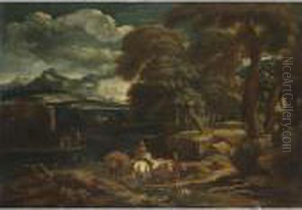 Pastori Col Gregge Presso Un Fiume Oil Painting by Acopo D'Antonio Negretti (see Palma Giovane)