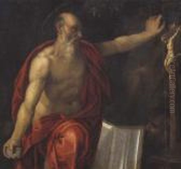 San Girolamo Davanti Al Crocefisso Oil Painting by Acopo D'Antonio Negretti (see Palma Giovane)