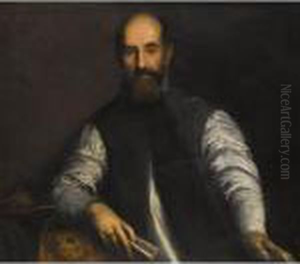 Portrait Of A Bearded Man, 
Half-length, Wearing A Blue Waistcoat And Holding A Book In His Right 
Hand Oil Painting by Acopo D'Antonio Negretti (see Palma Giovane)