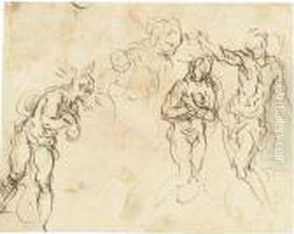 Sheet Of Figure Studies For A Baptism Of Christ Oil Painting by Acopo D'Antonio Negretti (see Palma Giovane)