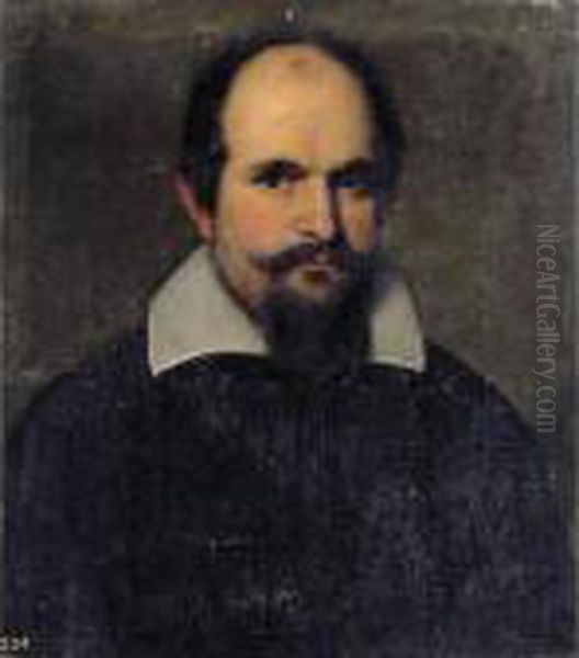 Portrait Of A Gentleman, Head And Shoulders, Wearing Black With A White Collar Oil Painting by Acopo D'Antonio Negretti (see Palma Giovane)