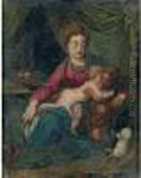 Attribue A - Vierge A L'enfant Avec Saint Jean Baptiste Oil Painting by Acopo D'Antonio Negretti (see Palma Giovane)