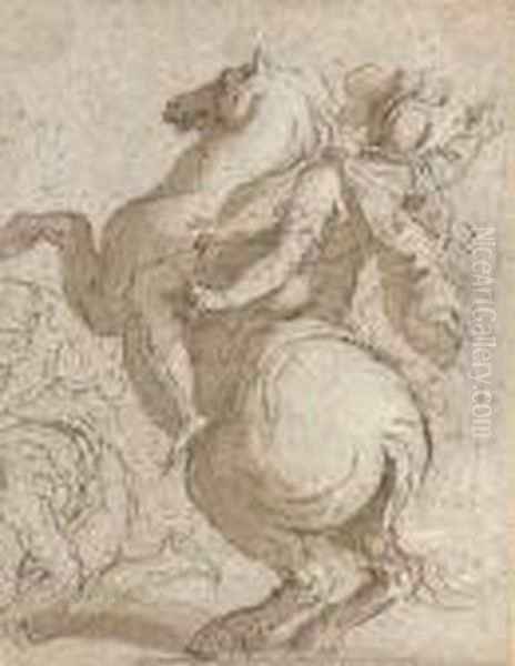 A Cavalier On A Rearing Horse, Crouching Figures To The Left Oil Painting by Acopo D'Antonio Negretti (see Palma Giovane)