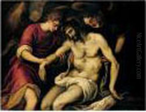 The Dead Christ Supported By Angels Oil Painting by Acopo D'Antonio Negretti (see Palma Giovane)