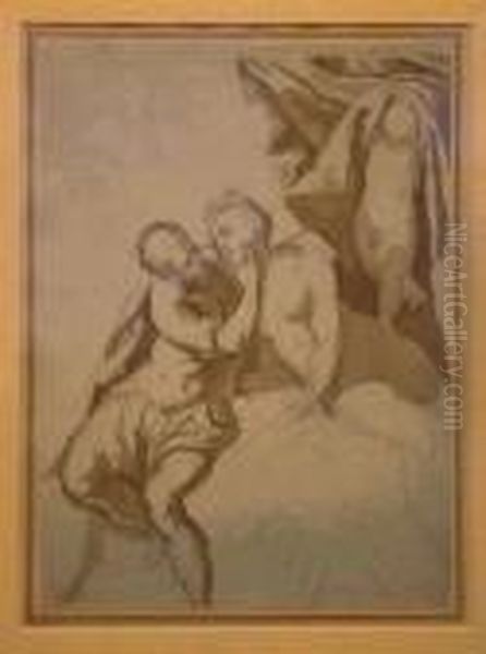 Mars And Venus And Study Of Men Wrestling, A Double-sideddrawing Oil Painting by Acopo D'Antonio Negretti (see Palma Giovane)